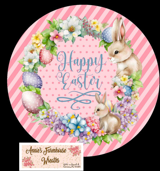 Round metal wreath sign, Happy Easter, Bunny Springtime spring wreath print sign