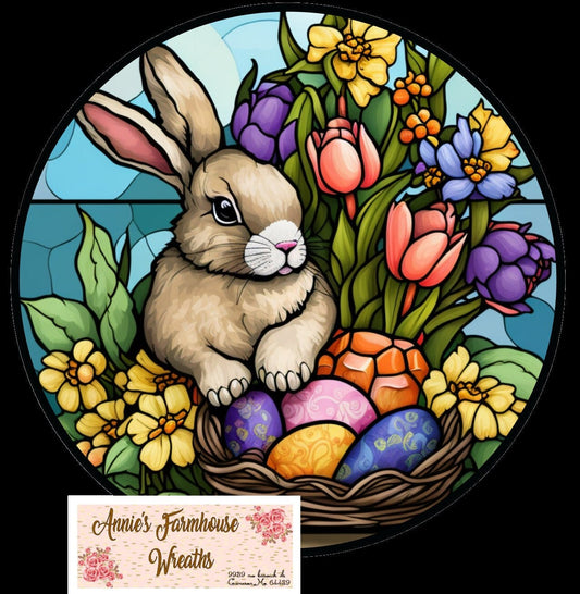 round sublimated metal wreath sign, Faux stained glass Easter rabbit and flowers