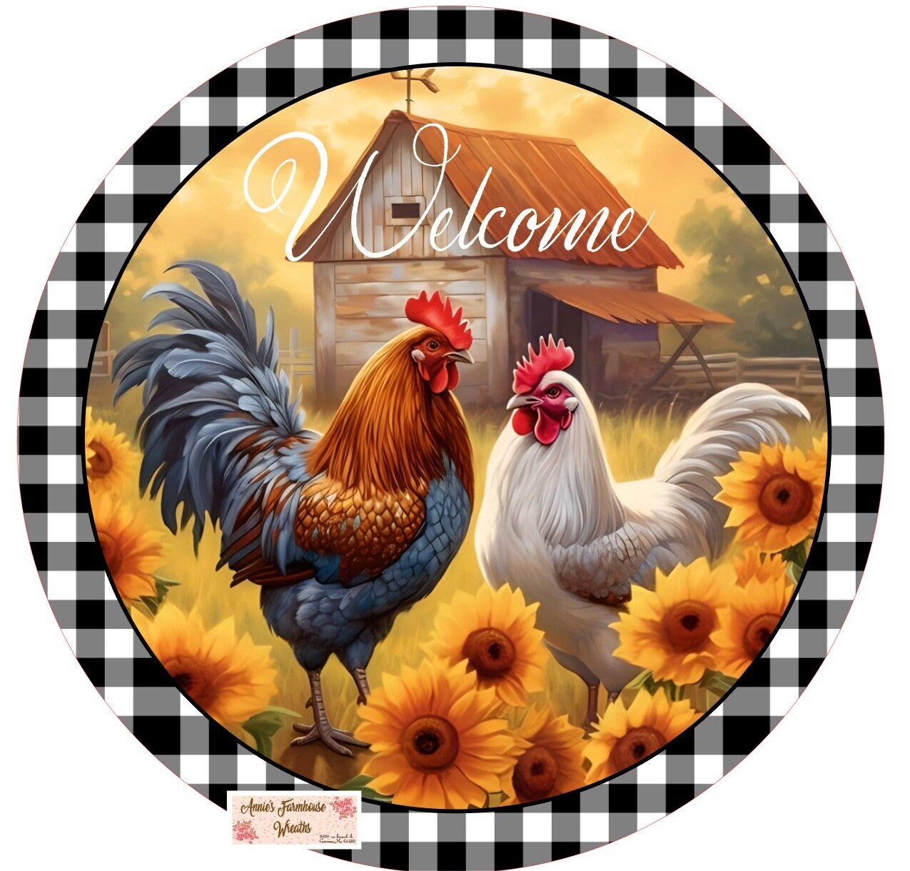 round sublimated metal wreath sign, fall rooster sign, chickens and sunflower wreath center, farmhouse sign