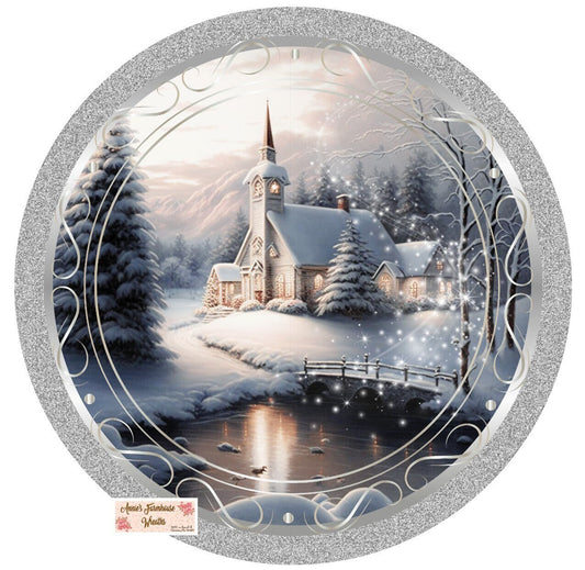 round metal sublimated wreath sign, old world church, Victorian Christmas, Silent night, snowy winter Christmas sign