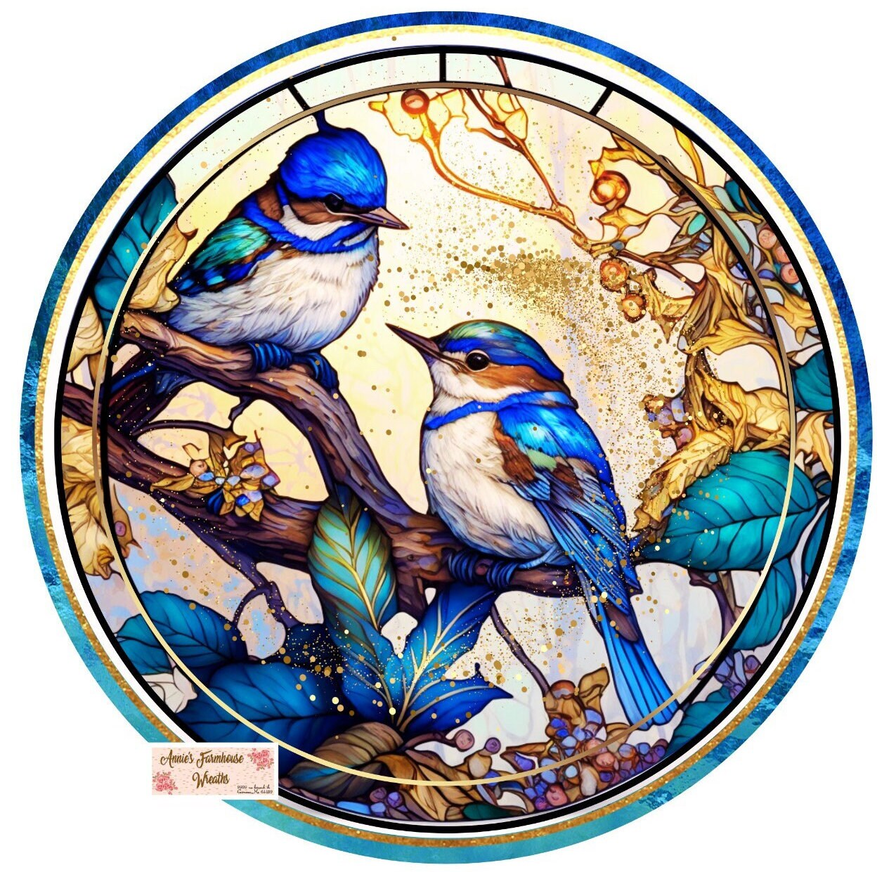 round metal sublimate wreath sign, bluebirds winter Christmas sign, blue jay winter scene