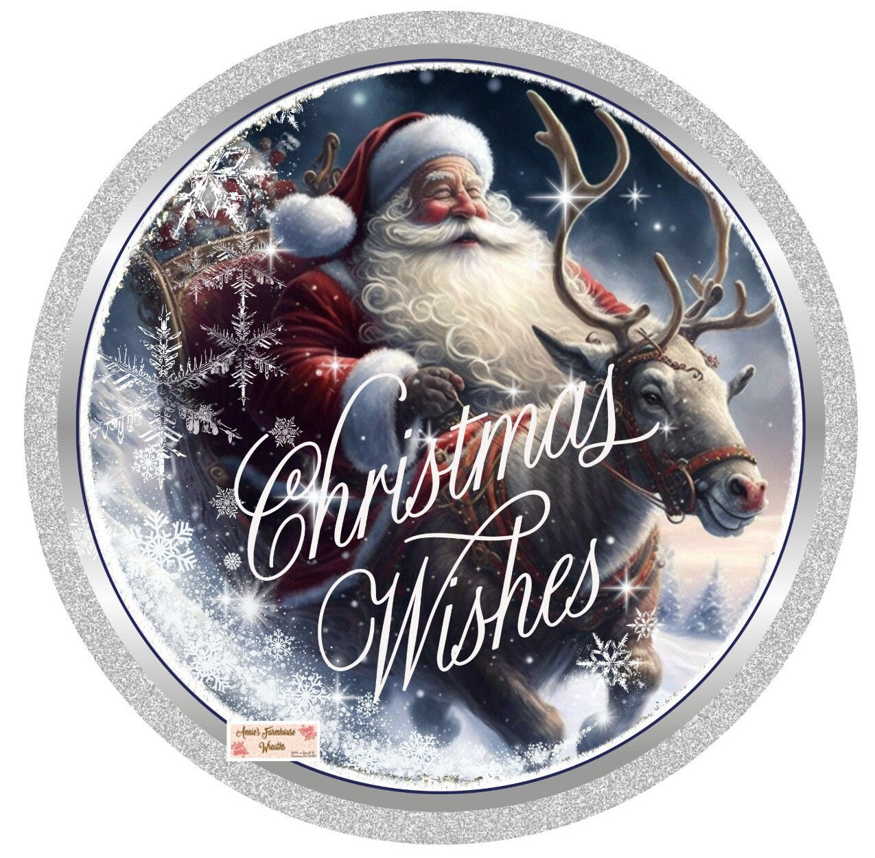 round metal sublimation wreath sign, Merry Christmas, Santa and his reindeer, santas sled