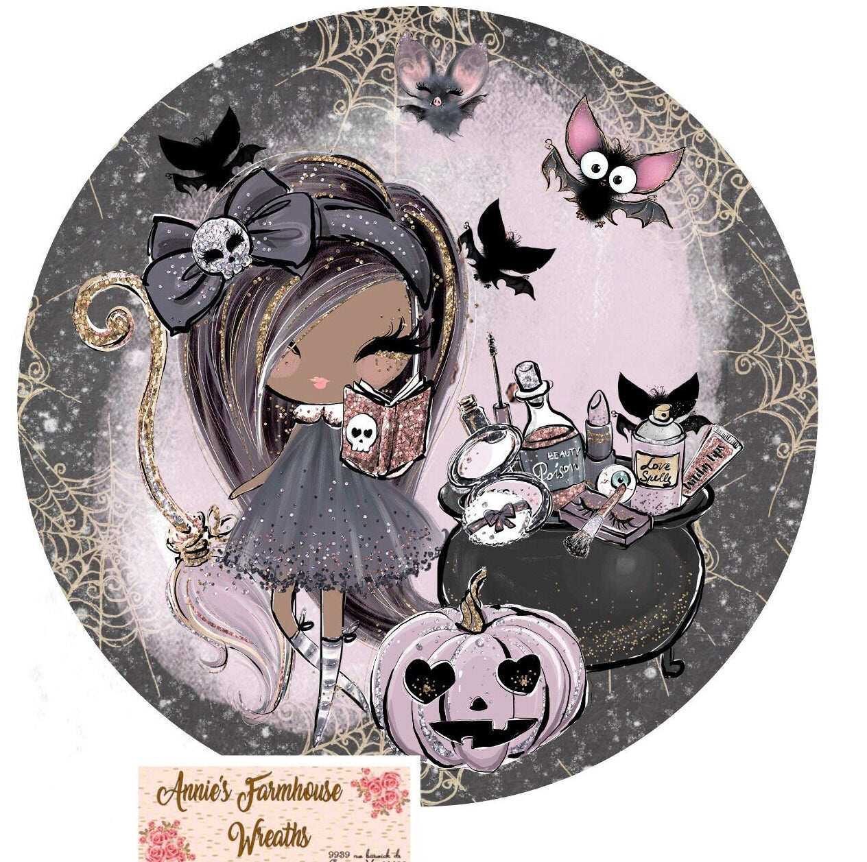 sublimated round metal wreath sign, African American black Halloween witch and bats