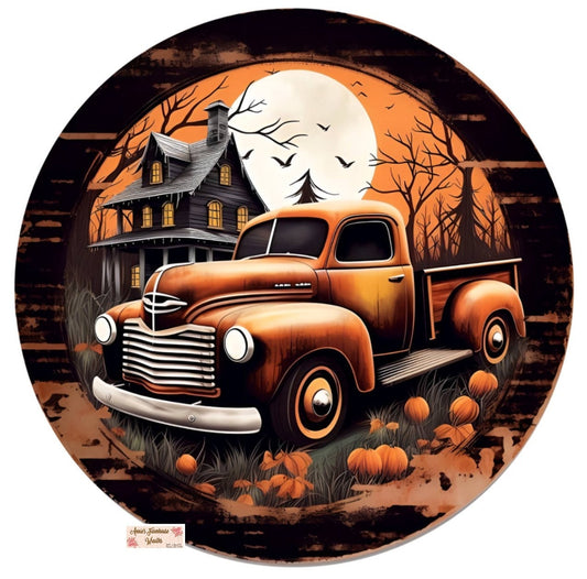 Orange spooky truck metal sign, Halloween Truck sign,fall door sign, metal wreath sign, Round sign,  attachment Wreath center