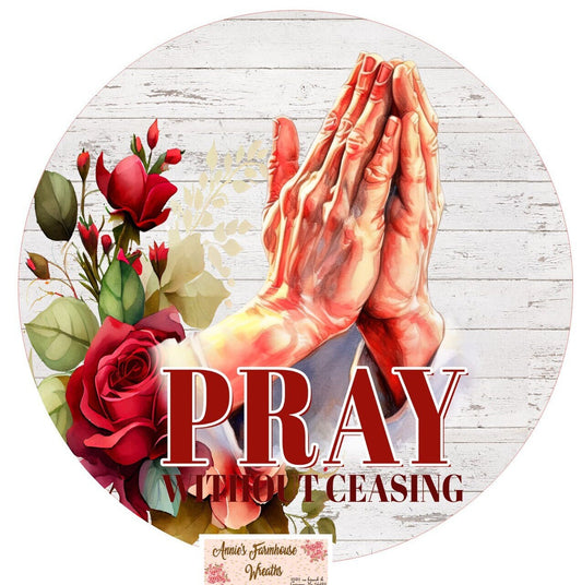 sublimated metal wreath sign, praying hands red roses floral sign, religious, catholic, God, Jesus sign