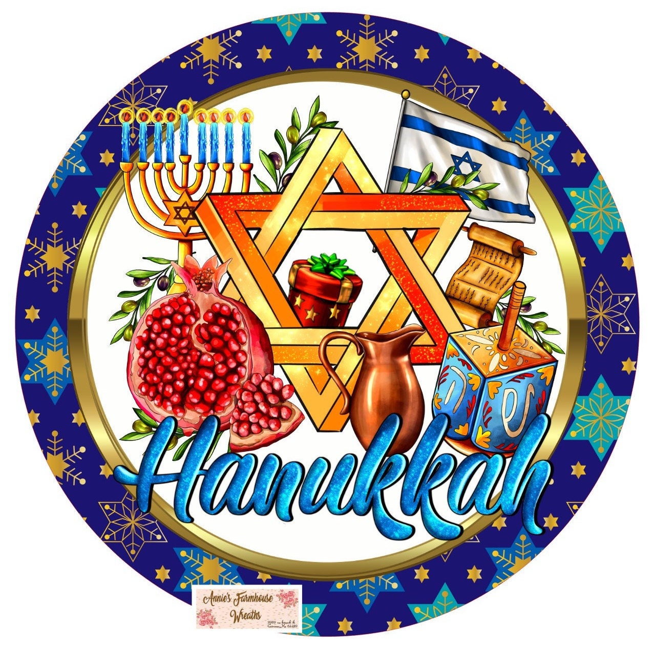 Hanukkah  menorah round metal sign, Festival of Light sign, Winter wreath sign, wreath center, wreath attachment