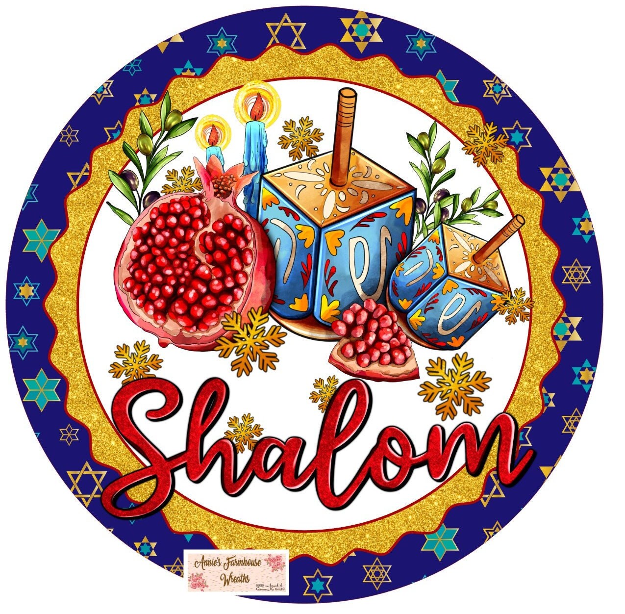 Shalom, Hanukkah  menorah round metal sign, Festival of Light sign, Winter wreath sign, wreath center, wreath attachment