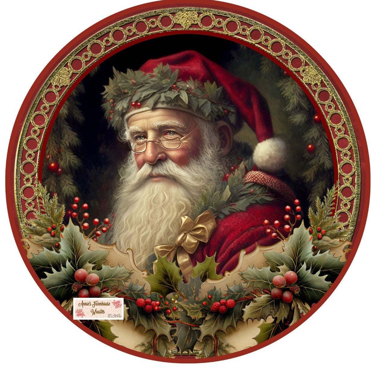 round metal sublimation wreath sign, Merry Christmas, Santa, old world santa and holly, victorian santa