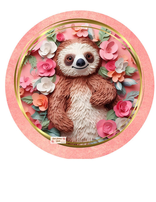 round sublimated metal wreath sign, faux 3d sloth in flowers sign, pink and gold sloth