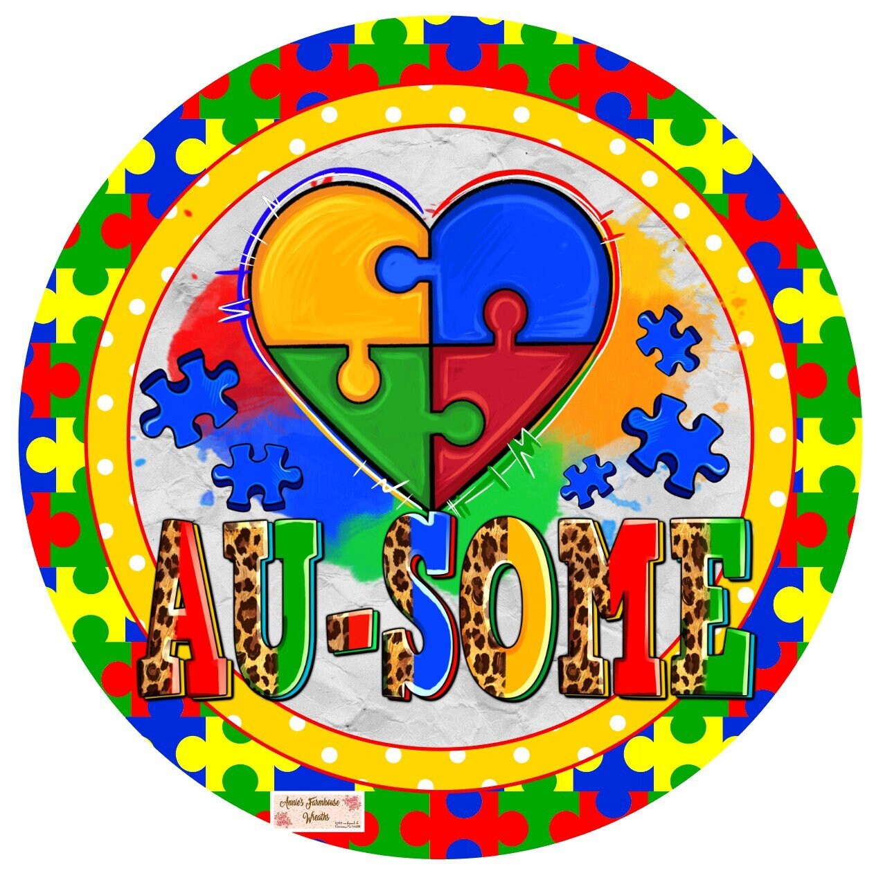 Round metal wreath sign, infinity autism puzzle pieces wreath center, autism aweness sign