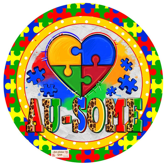 Round metal wreath sign, infinity autism puzzle pieces wreath center, autism aweness sign