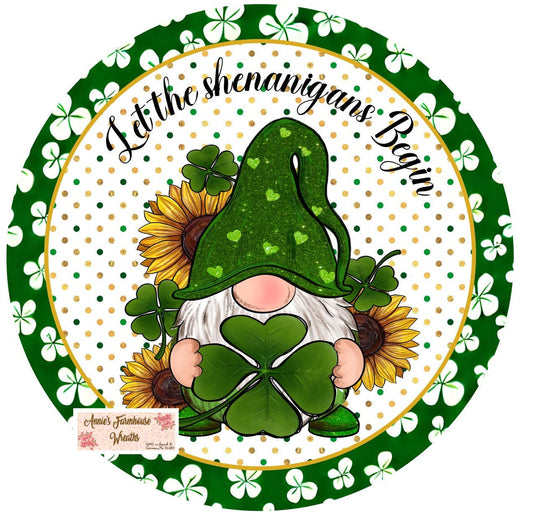Round metal wreath sign, st. Patrick&#39;s Day, leprechaun, Shamrock Welcome sign, Irish gnome with 4 leaf clover, shamrock and sunflowers