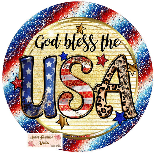 God bless the U.S.A., Americana, Patriotic, Fourth of July, round metal wreath sign, center, attachment,