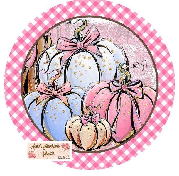 sublimated metal wreath sign, pink and blue pumpkins for halloween