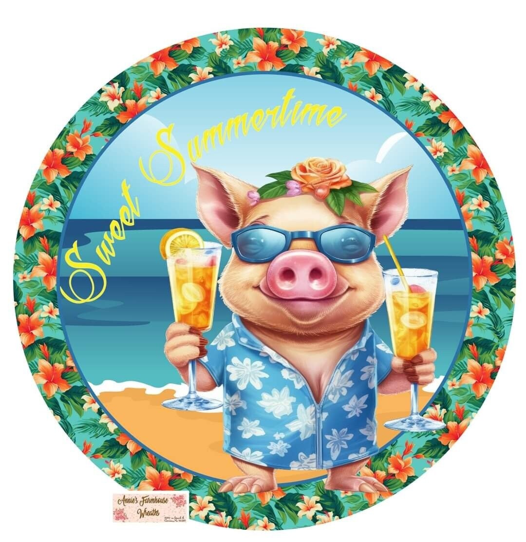 pig sign, coastal, beach,ocean, Welcome metal wreath sign, Round sign,  attachment Wreath center, hello summer pig