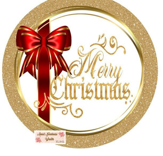 Round metal sublimated wreath sign, Merry Christmas welcome sign, gold and red