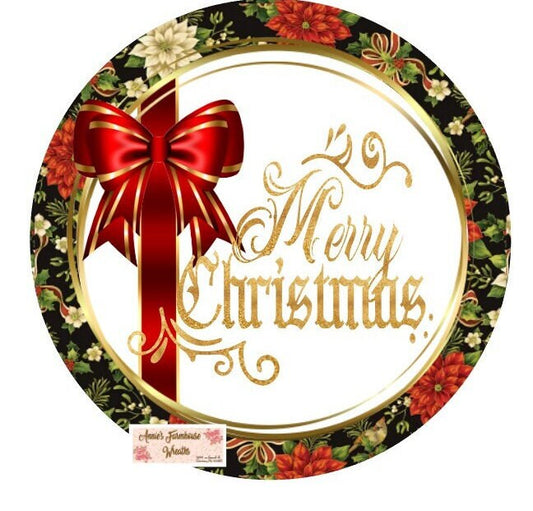 Round metal sublimated wreath sign, Merry Christmas welcome sign, green and red poinsettia