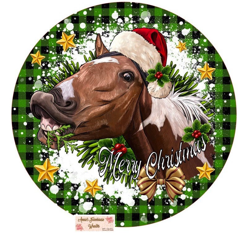 Christmas Wreath sign, Merry Christmas horse sign, round metal wreath sign, Wreath attachment, buffalo check, Christmas decor, farmhouse