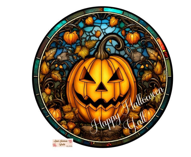 happy Halloween, Jack-o-lantern, Fall Pumpkin round metal wreath sign,, faux stained glass pumpkins, wreath center, wreath attachment