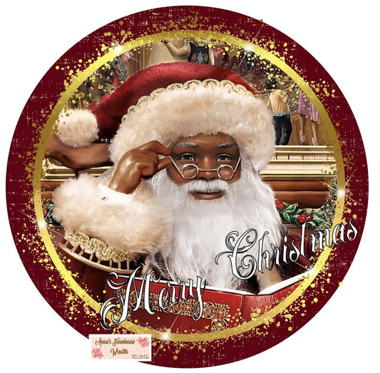 round metal sublimation wreath sign, black Santa Claus Wreath center, African American St, Nicholas, Gold and red sign, Christmas sign