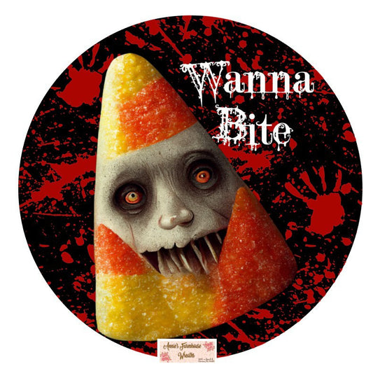 Wanna bite, creepy candy corn Halloween candy corn wreath attachment, round metal wreath sign