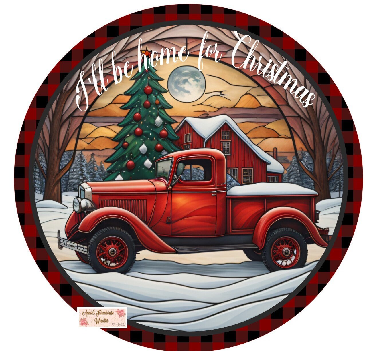 Faux stained glass and red buffalo check round metal sign, winter wonderland old red truck sign, Winter wreath sign, wreath center