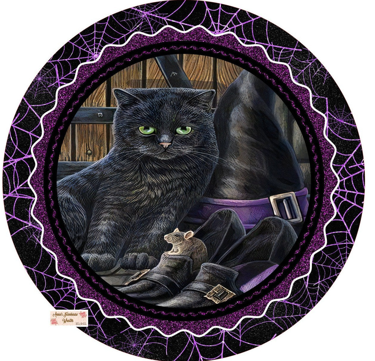 Black witch cat round metal sign, Halloween cat wreath sign, black and purple wreath center, wreath attachment. cat and pumpkin