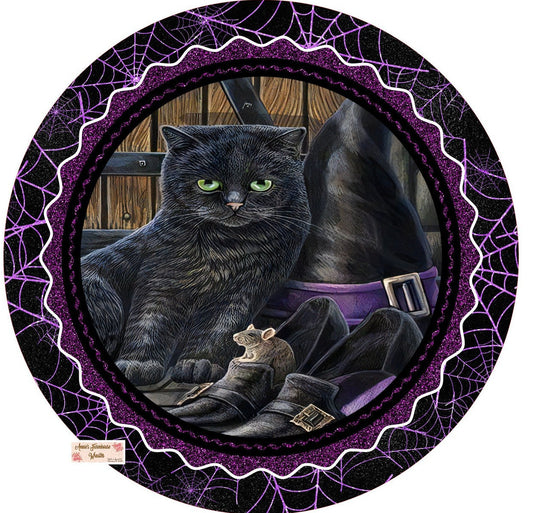 Black witch cat round metal sign, Halloween cat wreath sign, black and purple wreath center, wreath attachment. cat and pumpkin