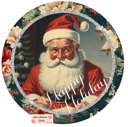 Retro Santa Claus round metal sign, Christmas sign, Winter wreath sign, wreath center, wreath attachment, Holiday Sign