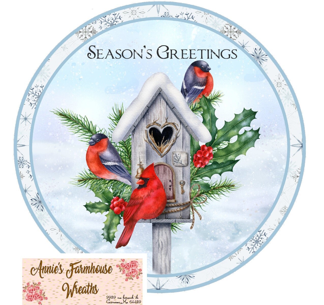 round metal wreath sign, Christmas cardinal wreath center, Seasons Greetings, Cardinal decor,