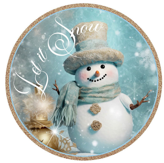 Let it snow snowman sign winter sign, blue Christmas, Wreath Sign, Wreath Center, Wreath Attachment,  round metal sign