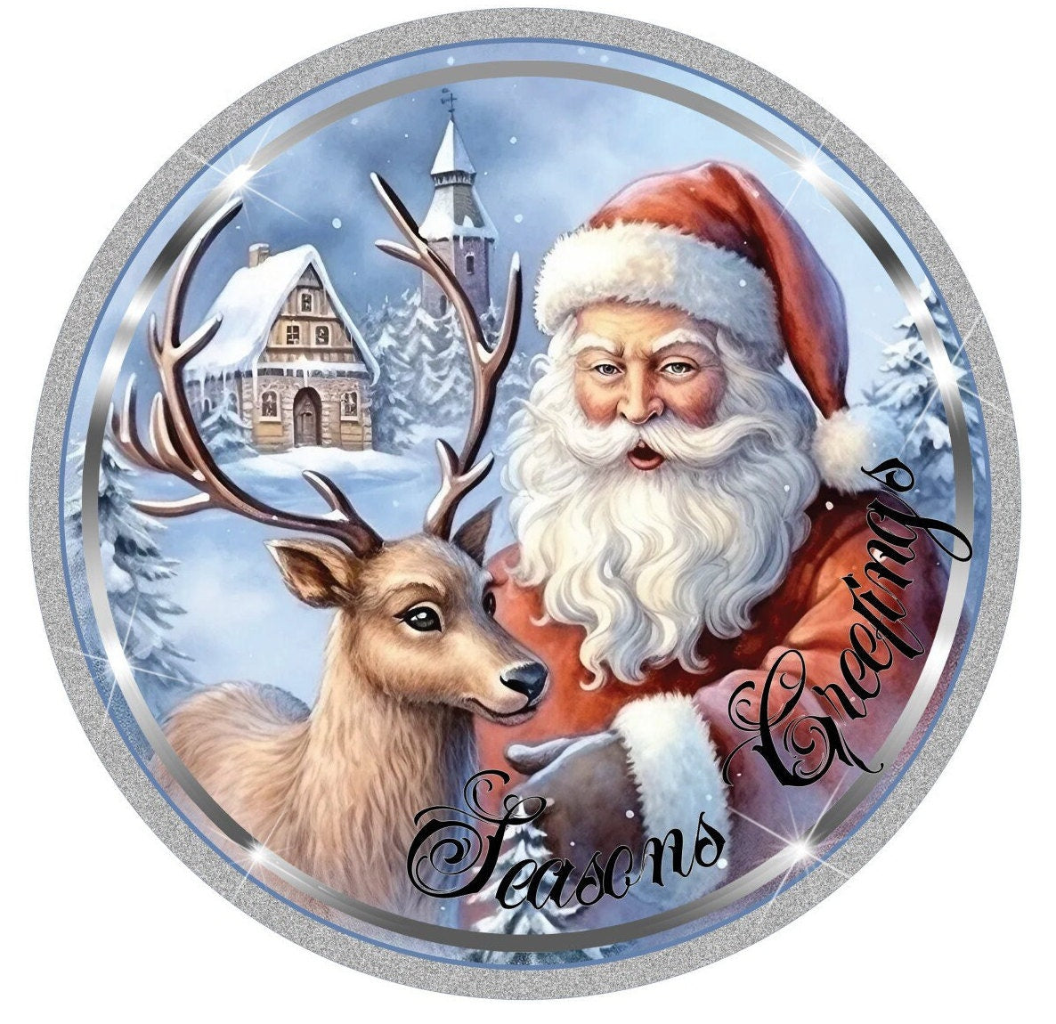 round metal sublimation wreath sign, retro Santa Claus and reindeer Wreath center, silver and blue sign, Christmas sign