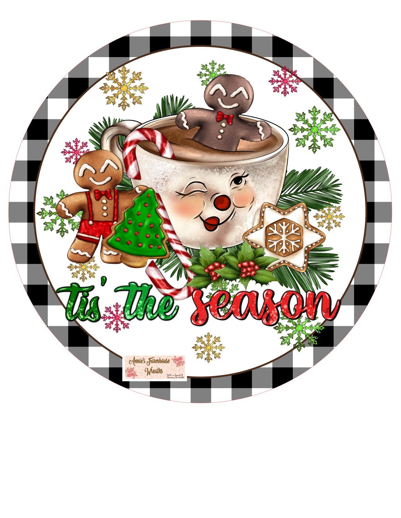 Tis the season hot chocolate and gingerbread round metal wreath sign, Christmas sign, Christmas decor