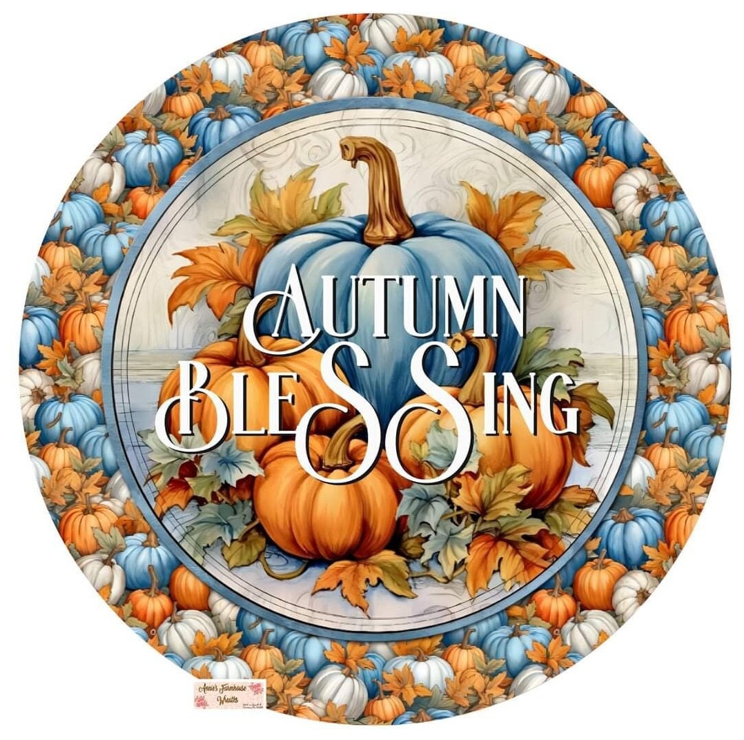 Autumn blessings, round metal wreath sign, Fall pumpkins,  pumpkins, wreath sign, wreath center, wreath attachment