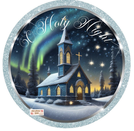 round metal sublimated wreath sign, church sign, Christmas, o holy night, snowy winter Christmas sign