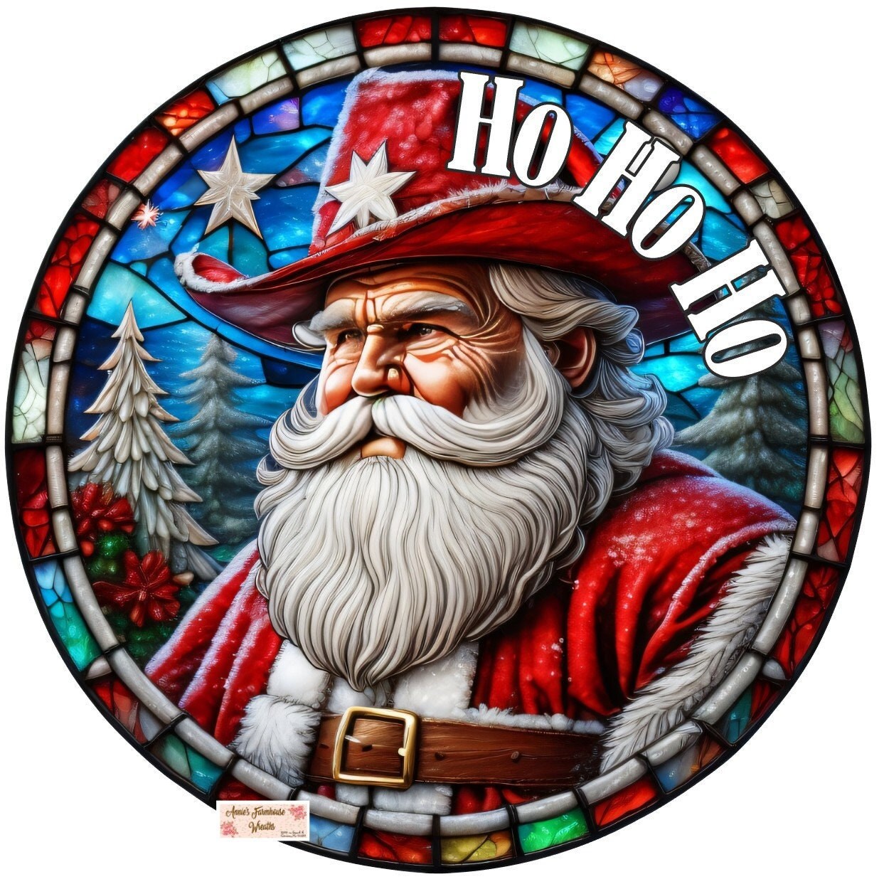 Santa Claus round metal sign, Faux stained glass Cowboy Santa Christmas sign, wreath center, wreath attachment, Holiday Sign