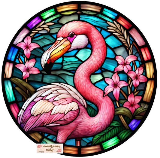 Faux Stained Glass Tropical Flamingo hello sign, Wreath Sign, Wreath Center, Wreath Attachment,  Metal Sign, Tropical sign