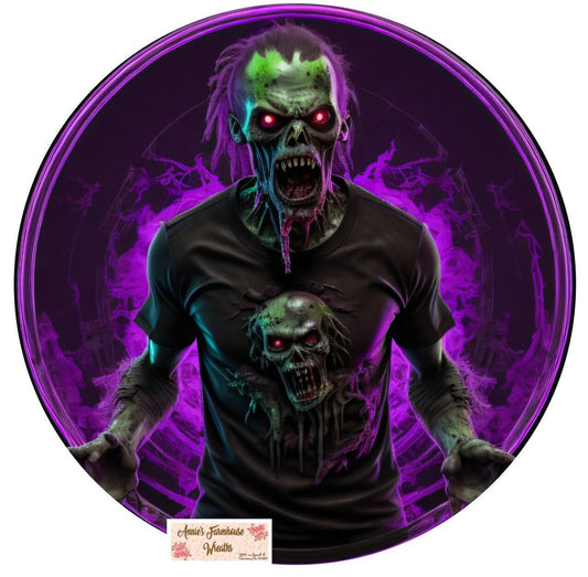 Spooky Neon purple Zombie Halloween Round metal wreath sign, Center, Attachment, Scary Monster sublimated sign