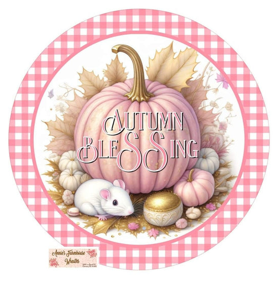 sublimated metal wreath sign, pink pumpkins for fall and halloween, fall blessings