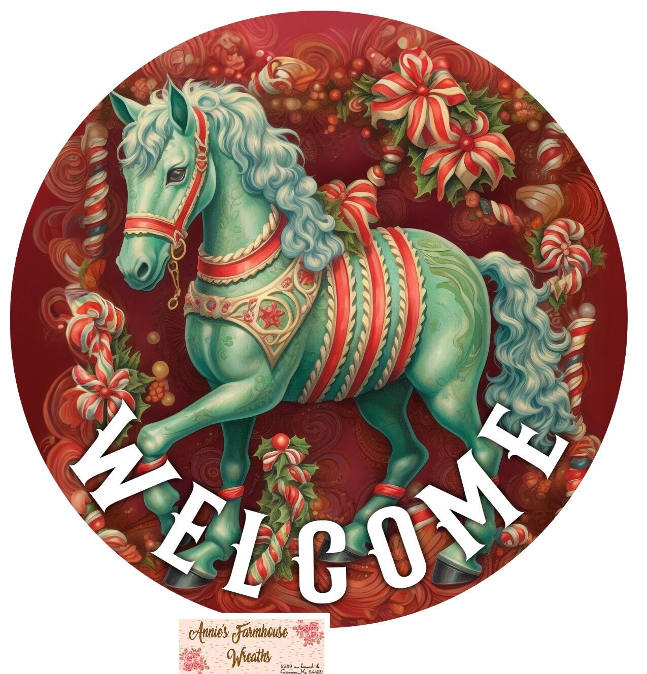 Christmas Wreath sign, Peppermint carousel horse,  Christmas horse sign, round metal wreath sign, Wreath attachment