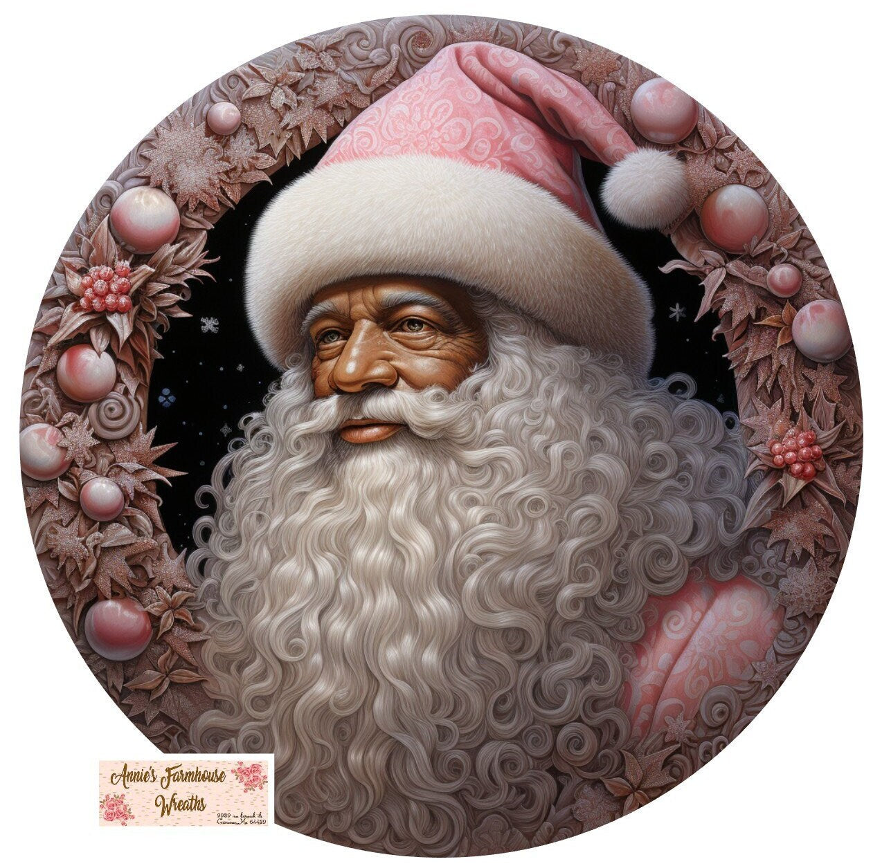 round metal sublimation wreath sign, black Santa Claus, Melanin santa, pink Christmas sign, center, attachment