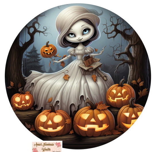 Whimsical Halloween Ghost and Jack-o-lanterns, Fall Ghost and pumpkin round metal wreath sign