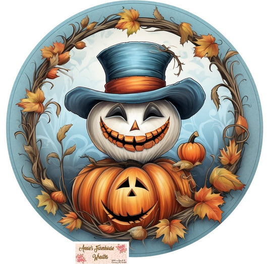 Halloween Ghost and Jack-o-lanterns, Fall Ghost and pumpkin round metal wreath sign