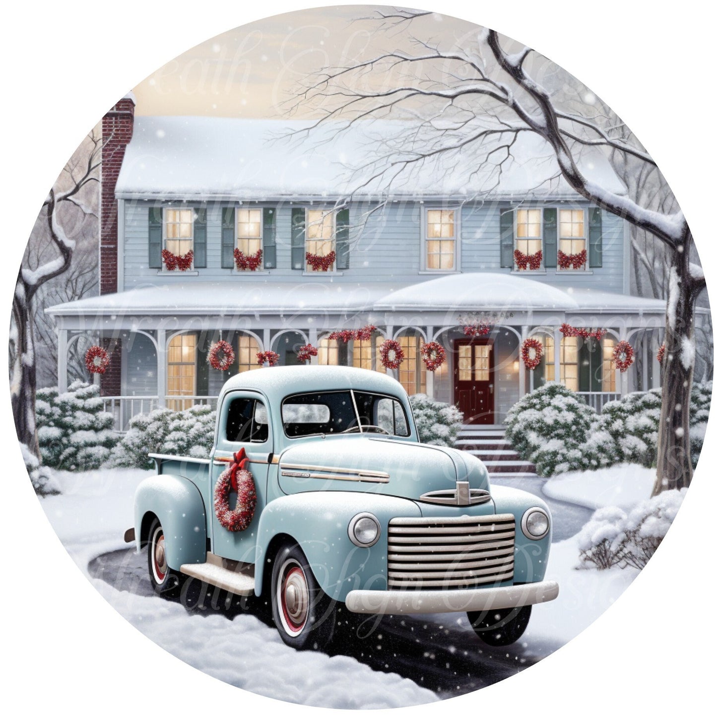 Round metal sign, blue Christmas, Old blue truck, Winter scene, Wreath sign, Wreath center, Wreath attachment,