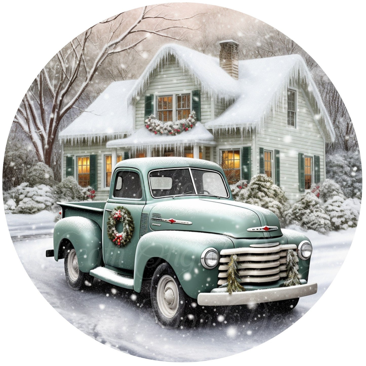 Round metal sign, green Christmas, Old Mint Green truck, Winter scene, Wreath sign, Wreath center, Wreath attachment,