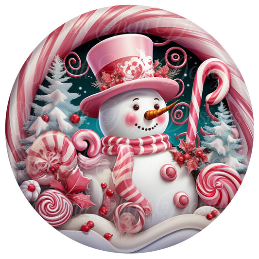 Pink Christmas snowman sign winter sign, Pink Christmas, Wreath Sign, Wreath Center, Wreath Attachment,  round metal sign