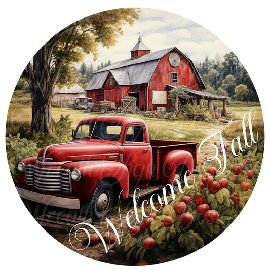 apple harvest round metal sign, fall red truck wreath sign, blue truck wreath sign, fall harvest wreath attachment, wreath center