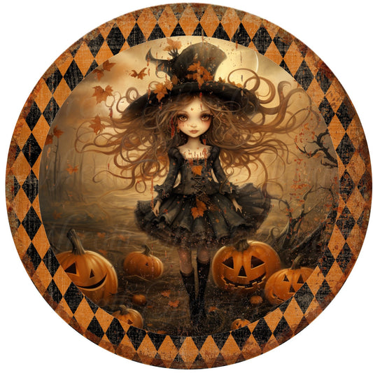 round metal sublimated wreath sign, Fall  primitive witch with pumpkin, center wreath attachment, faux rusty pumpkin sign