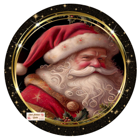 round metal sublimation wreath sign, Merry Christmas,  Santa, old world santa and holly, victorian santa