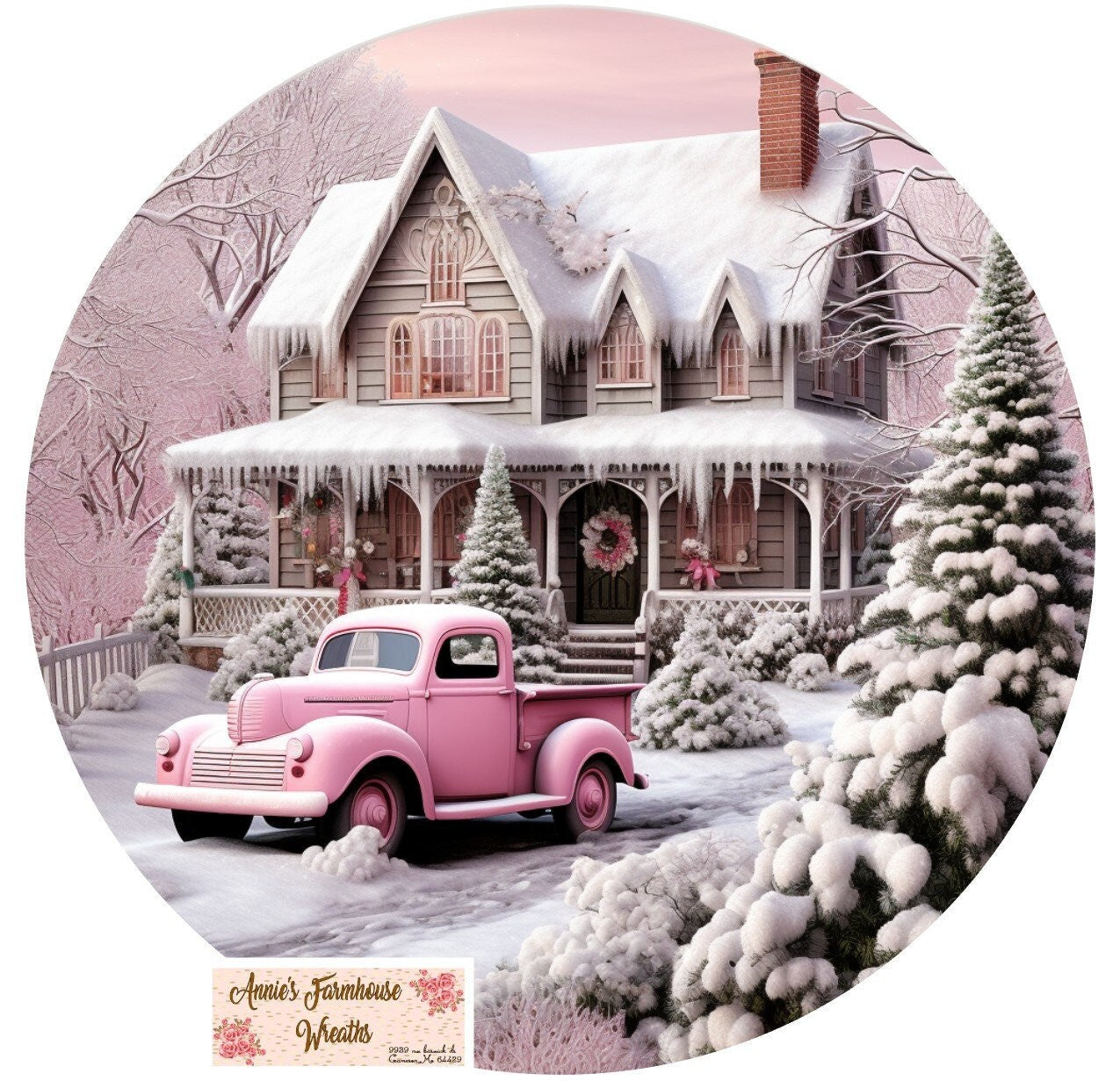 Round metal sign, Pink Christmas, Old pink truck, Winter scene, covered bridge, Wreath sign, Wreath center, Wreath attachment,